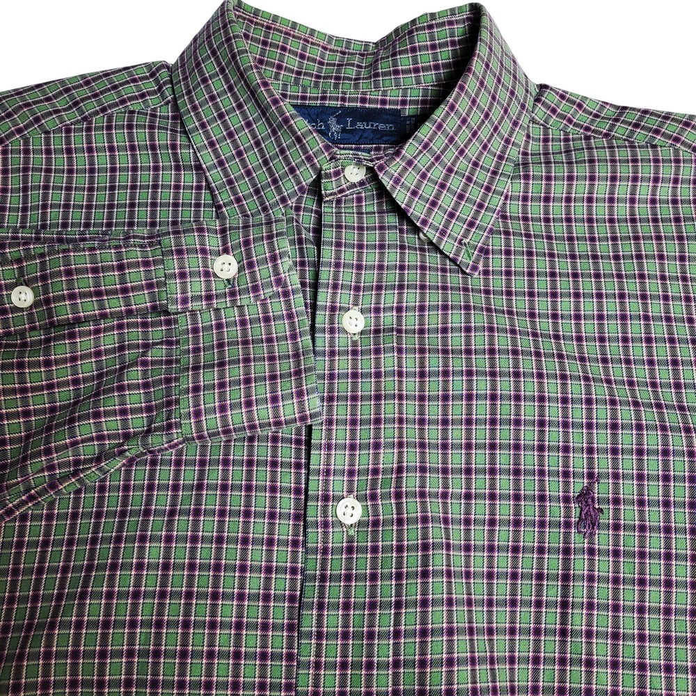 Polo Ralph Lauren Mens Large Classic Fit Plaid Button Down Shirt Purple Green